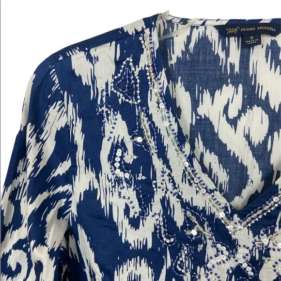 “346” Brooks Brothers Navy Blue/White Print Tunic Bead and Sequin Detail Size S - Picture 5 of 7